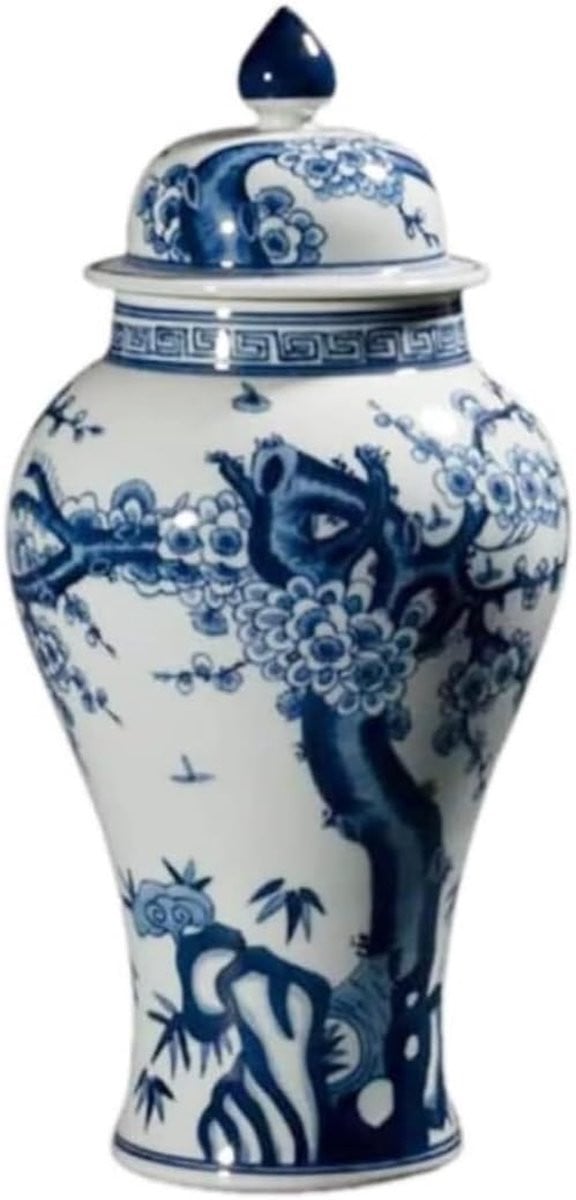 Handgeschilderde keramische gemberpot met deksel in blauw en wit