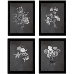 POSTER Set mit 4 Dunkelrot Botanischen Stil Schwarz A3 Rahmenlos