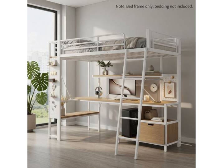 CollaHausse Lit Mezzanine Métal 140x200cm Bureau LED USB Blanc