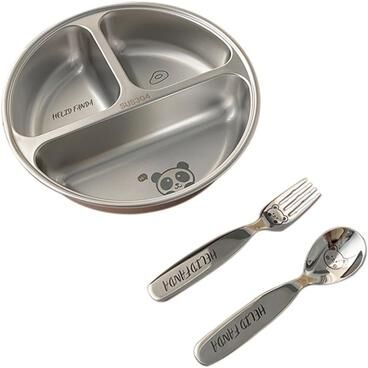 Uplift Picks Round Stainless Steel Divided Dinner Plate 3 Compartment Reusable Food Tray b With Utensils