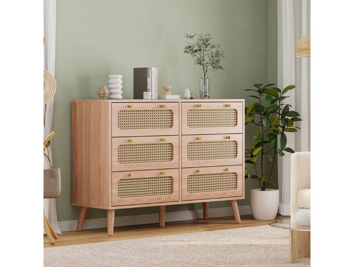 Buffet Buffet Bas Buffet Bahut de Salon 100x34x73cm Commode Moderne Armoire de Cuisine 6 Tiroirs en Rotin Meuble de