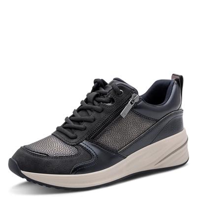 Keilsneaker TAMARIS, Damen, Gr. 40, Textil, schwarz (navy kombiniert), Lederimitat, aufgeraut, kontrastfarbene Details, Schuhe, Freizeitschuh, Schnürer in veganer Verarbeitung, schmale Form