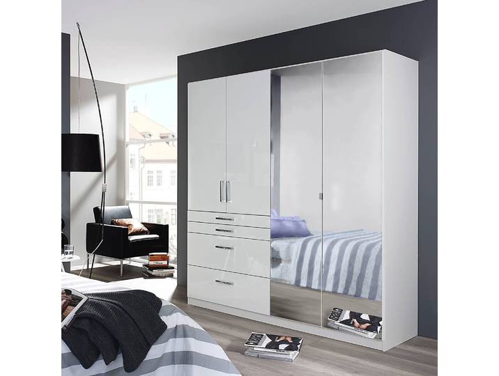Armoire à portes battantes Homburg I 181cm Blanc/Blanc alpin brillant Avec portes miroir