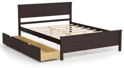 Costway Full Size Bed Frame with Storage Drawers and Solid Wood Headboard-Espresso