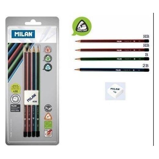 Milan Triangular pencils 4 pcs + eraser 430 blister (2B, B, HB, 4x) (287486)