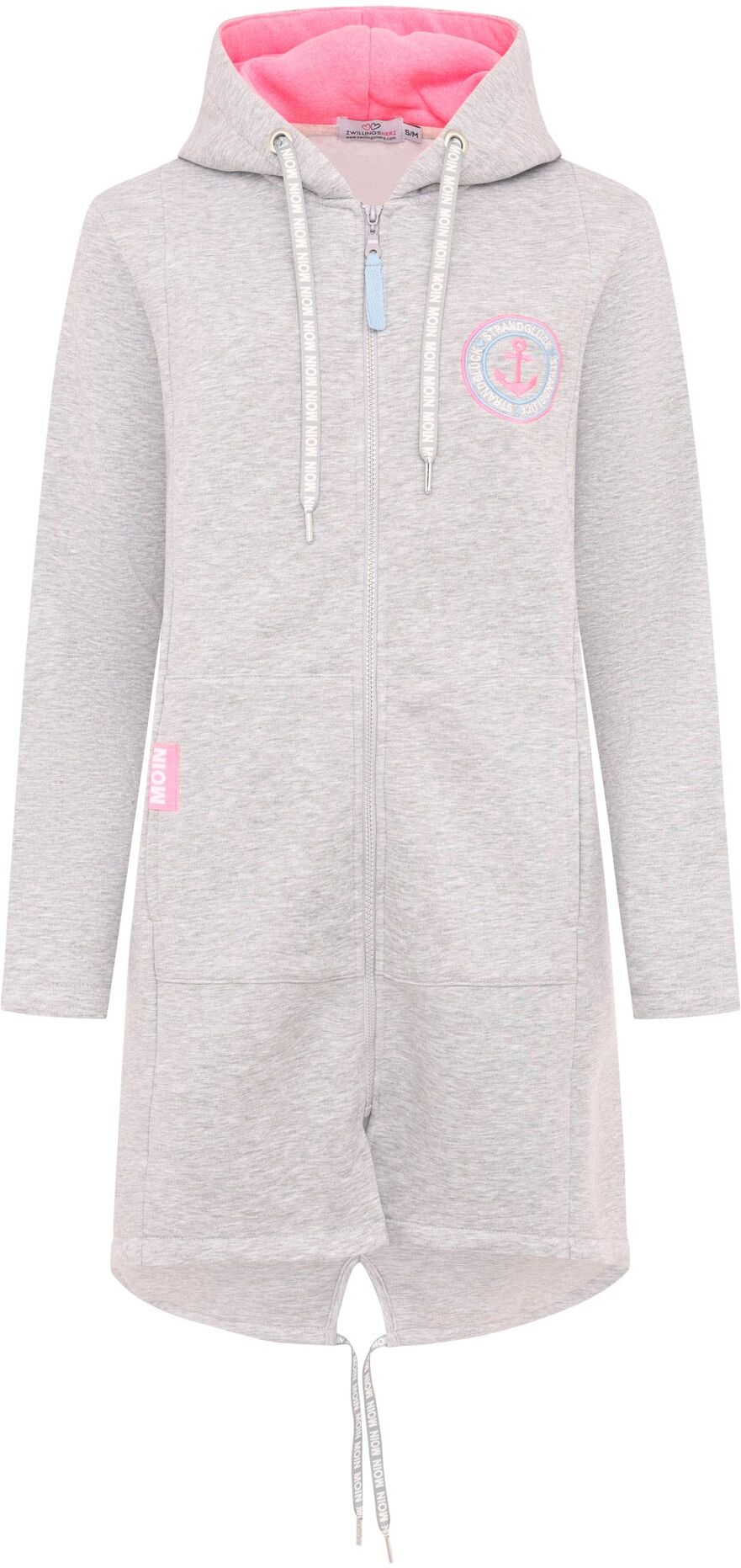 Jerseymantel ZWILLINGSHERZ "Küste Meer Moin", Damen, Gr. SM (S/M), grau, Sweatware, Obermaterial: 50% Baumwolle, 50% Polyester, lässig geschnitten knielang, V-Ausschnitt, Mäntel Jerseymantel, mit Kapuze, Taschen, Front und Backmotiv Küste Meer Moin grau S