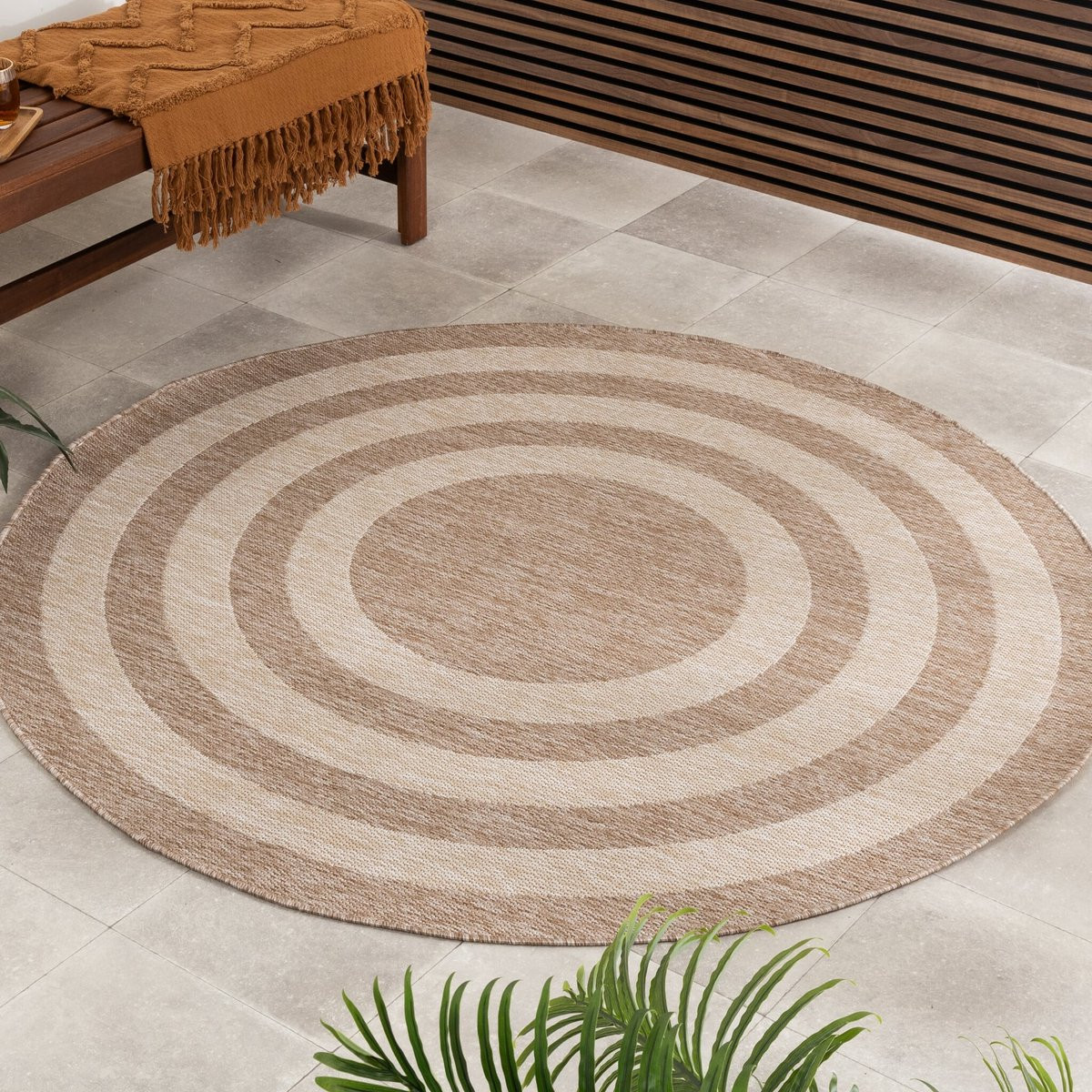 Fraai Rond Buitenkleed Sierra Frame Beige/Creme Ø 200 cm