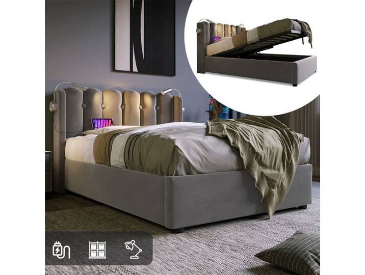 Lit coffre - SINGULARITY - SINGULARITY - 90x200 cm - Velours gris - Lampe lecture USB