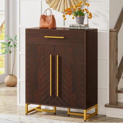 Jiallo "31.5"" Walnut & Gold Wooden Shoe Storage Cabinet"