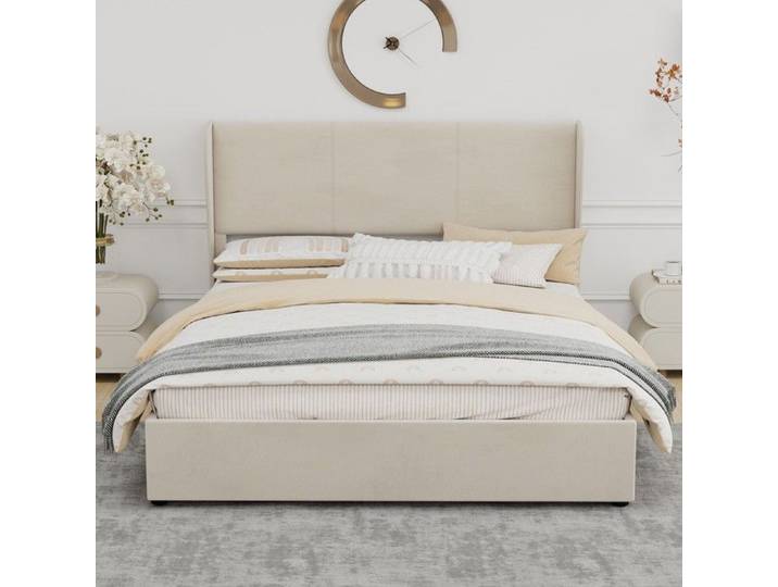 Cadre de lit - Lit rembourré minimaliste 160x200 - Beige - Tête de lit rembourrée - Base rangement relevable