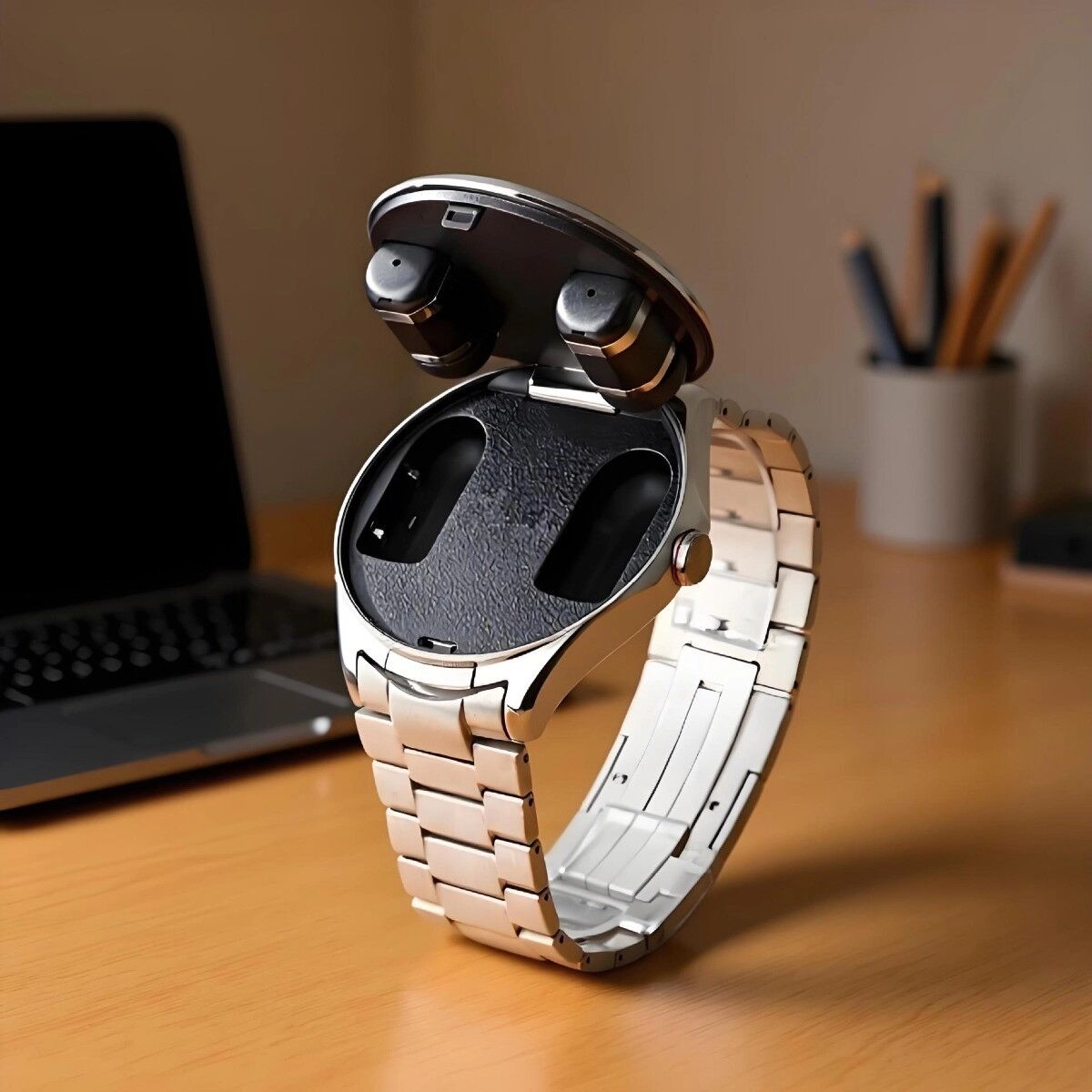 INF Uhrenarmband kompatibel mit Huawei Watch Buds 2 — Edelstahl Silber, Drei-Perlen Seiten-Schiebedesign, 22mm
