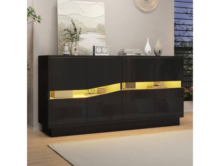 Merax Sideboard Hochglanz mit LED-Licht, Moderner Buffetschrank mit 4 Schranktüren, Verstellbare Regal, Acryltüren, Multifunktionales Buffetschrank Beistellschrank für Wohnzimmer Schlafzimmer, Schwarz