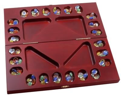 GSE Games & Sports Expert GSE™ 4-Player Mancala Board Game with Multi-Color Glass Stones, Folding Wooden 4-Way African Mancala Game Set