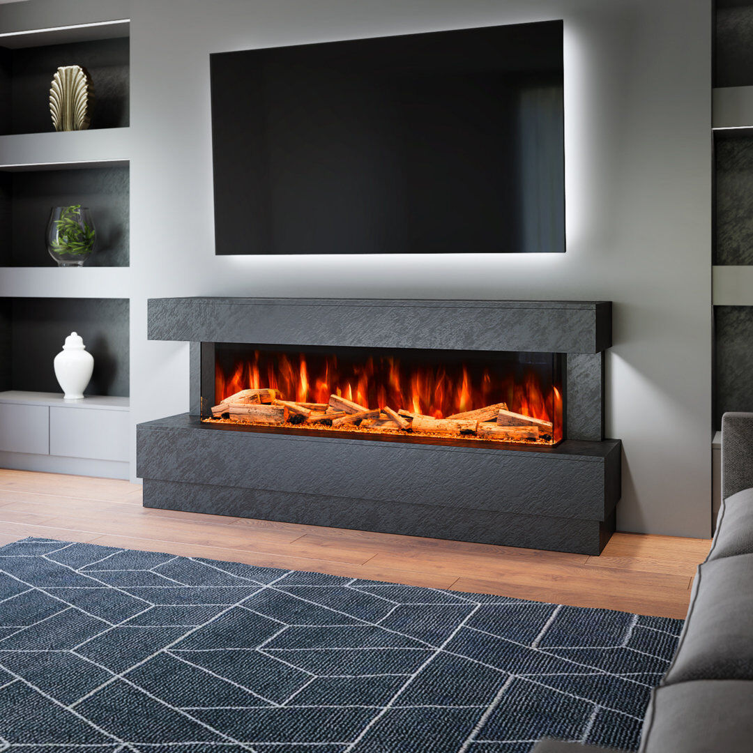 Evolution Fires Raphael Freestanding Electric Fireplace Suite   Textured Stone Effect   1500mm 3-Sided Led Electric Fire with Panoramic Flame   Remote & App Control   Black 88cm H X 195cm W X 41cm D