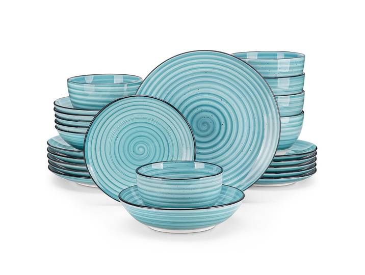 Service de table Vancasso 24/48 pièces, assiettes bleues, service de vaisselle double face, spirale peinte à la main, avec 6 assiettes de dîner/dessert/soupe/bol