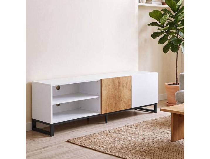 HOMCOM Meuble TV 140cm Blanc 2 Portes Étagères Réglables