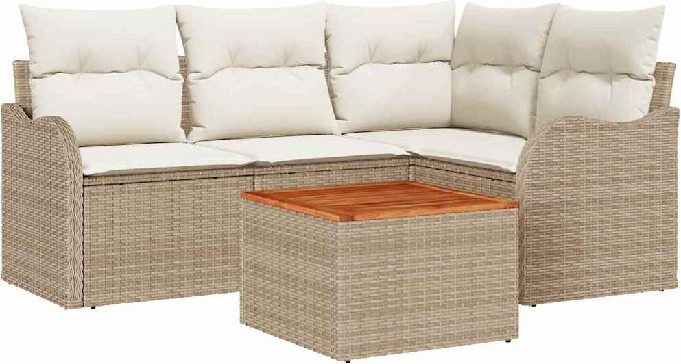 Modulares Gartensofa-Set, 5-teilig mit Stauraum, Poly-Rattan & Akazienholz, UV-beständig, Beige & Creme, für 4 Personen