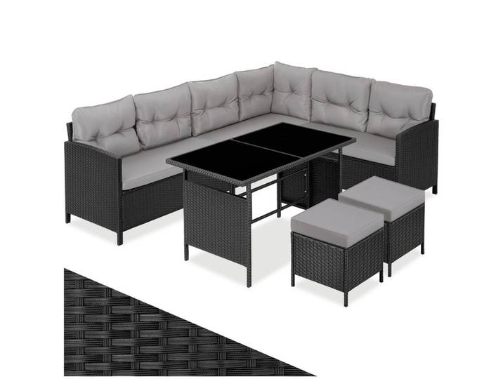 tectake Rattanlounge Barletta, mit Sicherheitsglasplatten, schwarz/grau, Schwarz, Grau, Kunststoff, Organisch, Gartenmöbel, Gartengarnituren, Gartenmöbel-Sets