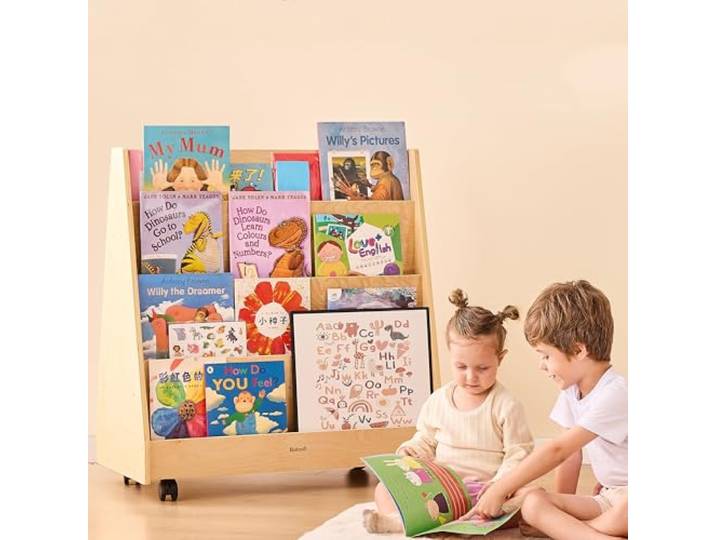Bateso Kinderbücherregal für Kleinkinder und Babys, doppelseitiges Montessori-Bücherregal aus Holz für das Kinderzimmer, Babybücherregal mit Stauraum für Kinderzimmer, Klassenzimmer, Spielzimmer