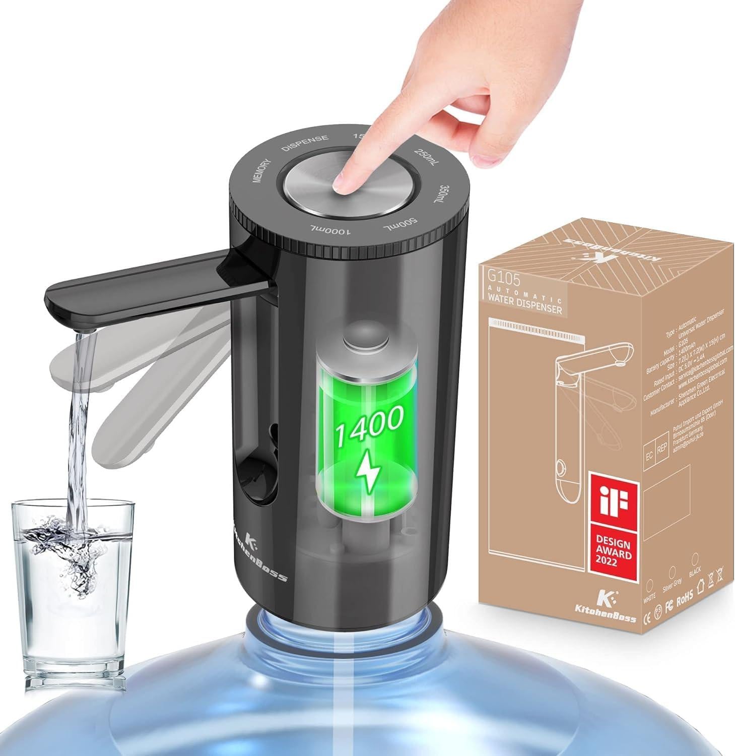 Selius Elektrische Waterpomp voor 5 Gallon Waterfles, USB-Oplaadbare Dispenser