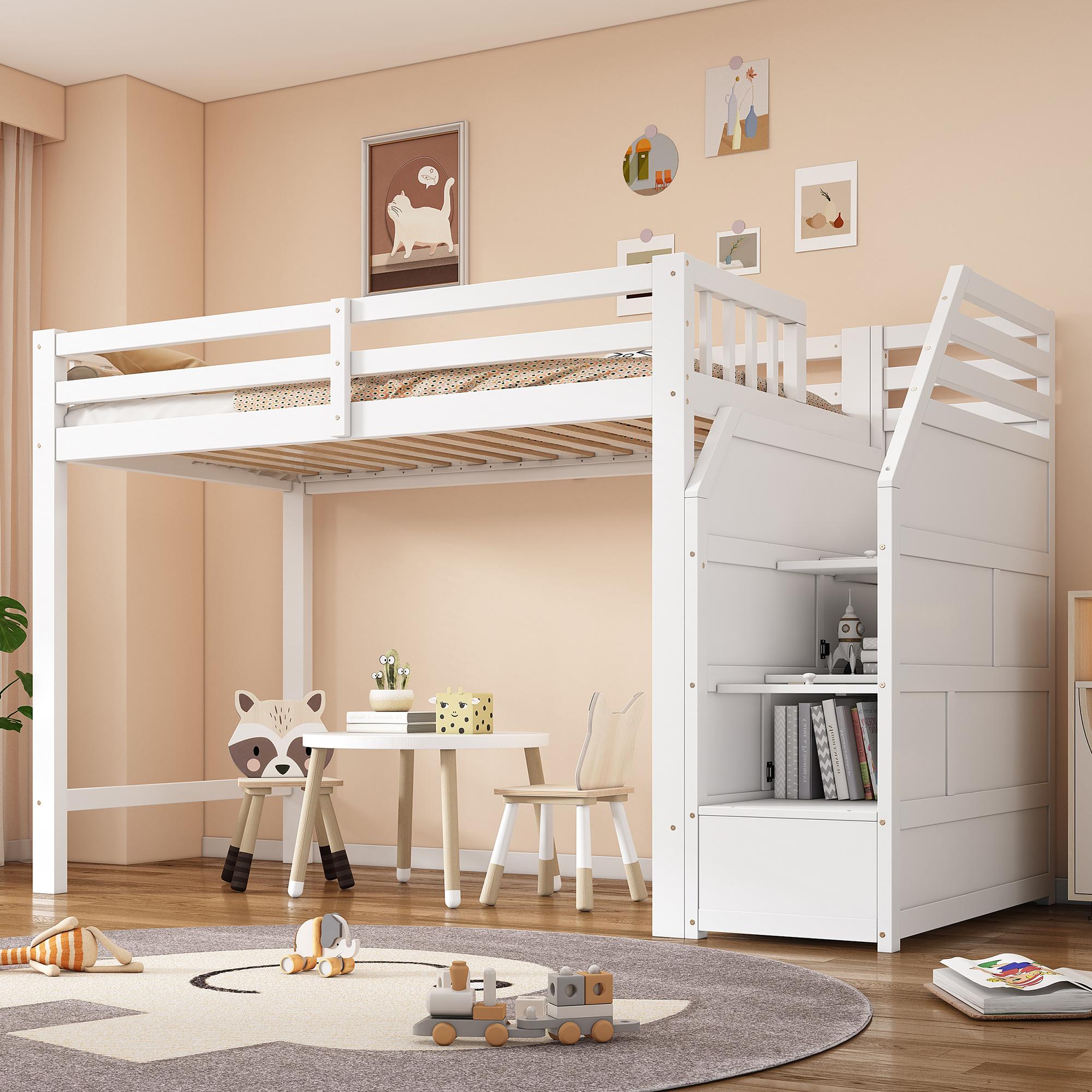 Hochbett, 90x200cm, Bett mit Lattenrost (ohne Matratze), Geländer, Verstaubare Stufen, Freier Raum zum Verkleiden nach Belieben, EN747