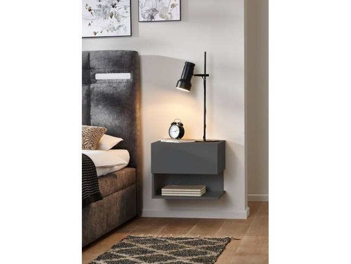 BMG Möbel Nachtschrank hängend wandmontage mit Schublade Nachtkonsole modern in Weiss, anthrazit oder Holzdekor (2, Anthrazit, Schublade + Ablagefach)