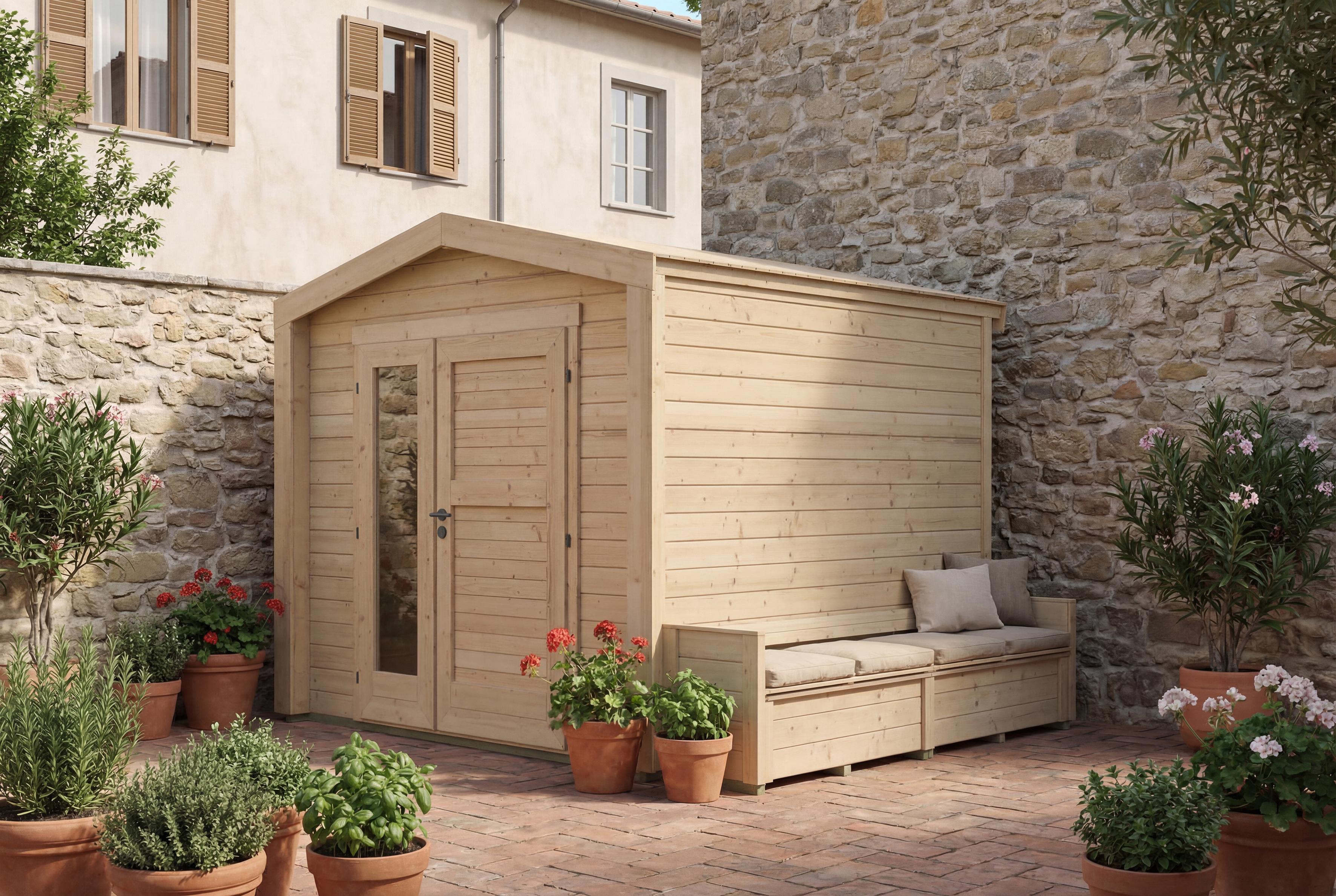 Gartenhaus Killarney, 250x250cm, Naturbelassen, 28mm, Sitztruhe