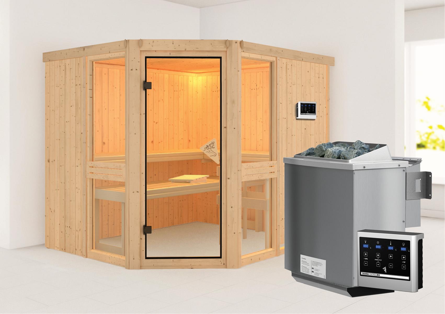 KARIBUHOLZT Sauna Amelia 1 Eck, 9kW Bio ext. Strg bronz.GGT 08298108