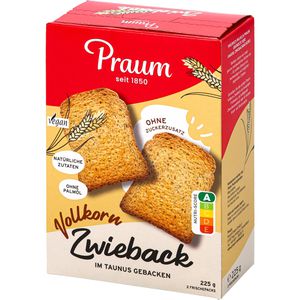 Praum Zwieback Vollkorn, laktosefrei, vegan, ohne Zuckerzusatz, 225 g, je 11 Scheiben à 10 g, 2 Pack