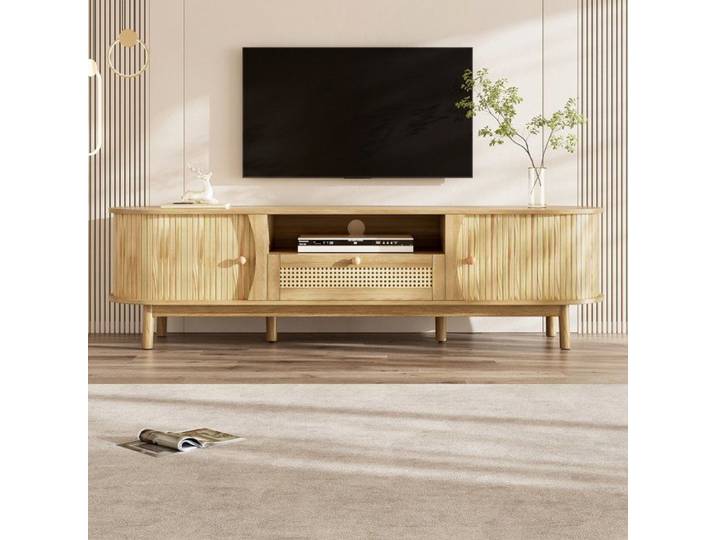 Meuble TV en rotin avec portes et tiroirs - avec portes en bois massif - Meuble de rangement - naturel - 165x37x46cm