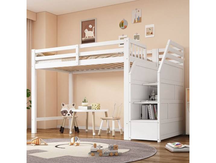 Lit mezzanine 90x200 cm avec sommier à lattes Lit simple avec marchepied escamotable Lit enfant Blanc