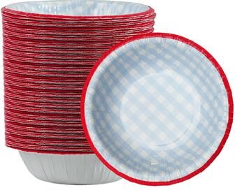 The Handy Homestead Microwave Safe Disposable Paper Bowls Wood Grain Design blue Grid Pattern