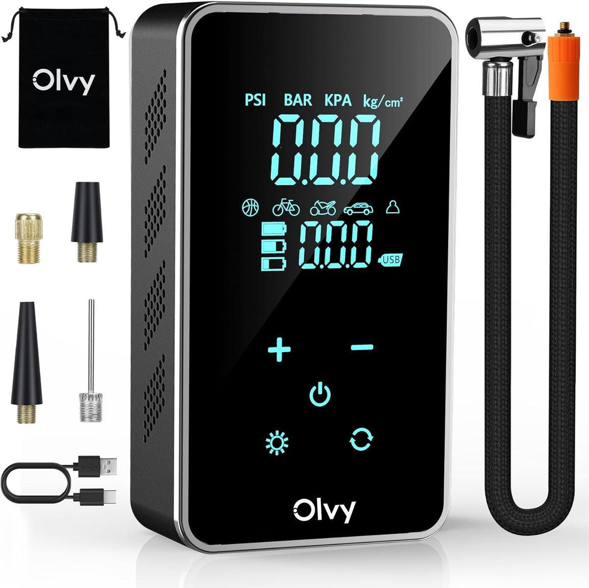 Olvy Elektrische Luchtdrukpomp en Mini-bandenpomp met 7000mAh, Geschikt voor Auto, Fiets en Ballen, ook als Powerbank