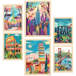POSTER Set Mit 6 Von Mary Blair Inspirierte Eiffel Kolosseum Pisa Golgentor Stonehenge Empire State A3 & A4 Rahmen Aus Hellem Holz