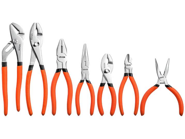 VEVOR\, ensemble de 7 pinces manuelles\, outils de bricolage\, mâchoires polies en acier au carbone\, pour les travaux de bricolage et l'usage domestique : pince à ergots et à languettes\, pince universelle\, pince coupante\, pince à articulation coulissante\, pince à bec fin\, poignées antidérapantes