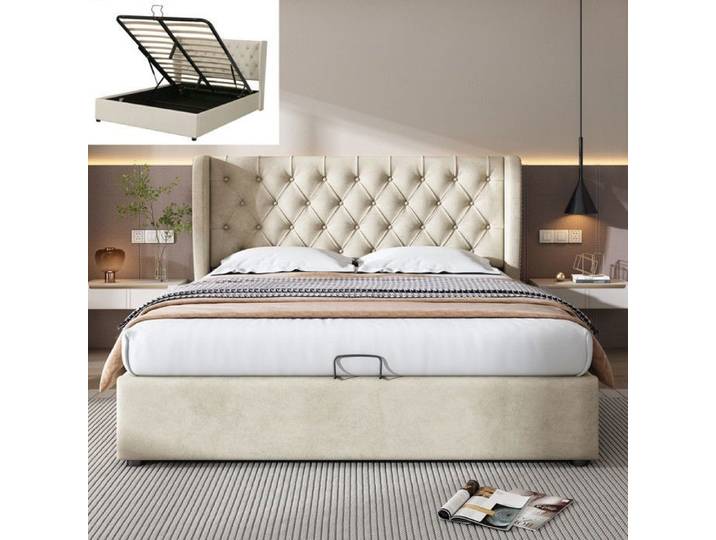 Lit coffre double 180x200 cm - OEM - Hydraulique - Beige - 2 places - Sommier inclus