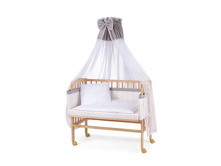 waldin Baby Beistellbett mit Matratze und Stoffen, Höhen-verstellbar, Große Liegefläche 90x55cm, Holz Natur, Grau/Punkte Weiß