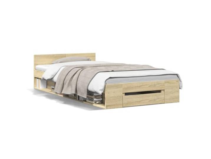 PUGYNBK Bett mit Schublade aus Holz, Sonoma-Eiche, 90 x 200 cm Lattenrost inklusive, seitliche Aufbewahrung, feuchtigkeitsbeständig, für Schlafzimmer