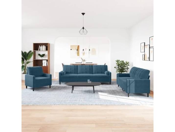 KTHLBRH 3-teiliges Sofaset aus blauem Samt mit Kissen Gestell aus Metall, Füllung aus Schaumstoff, 1 Sofa, 1 2-Sitzer-Sofa, 1 3-Sitzer-Sofa