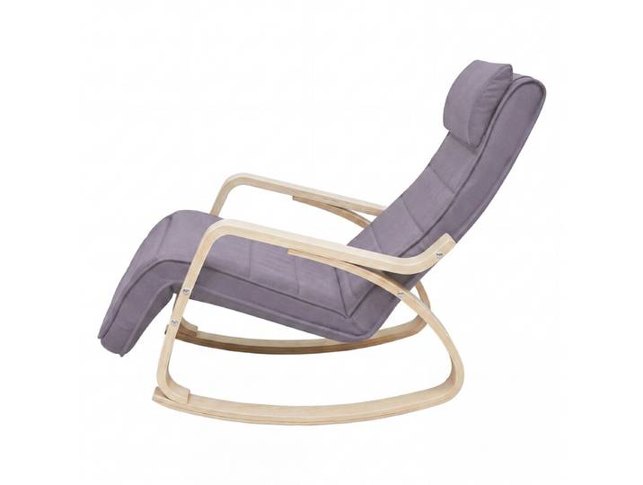 JOYFURNOS Fauteuil à bascule avec accoudoirs, Fauteuil lounge à bascule en bois de bouleau, Repose-pieds 5 positions réglables, Gris clair et Naturel