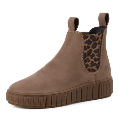 Chelseaboots TAMARIS, Damen, Gr. 39, wärmend, braun (braun leo), Elastischer Einsatz, Nubukleder, Schuhe Chelseaboots, Plateaus, Herbstboots mit zwei Anziehlaschen