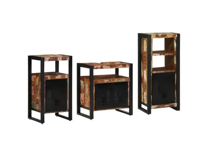 POUFGDR Badezimmermöbel-Set, 3-teilig, Wandschrank Massivholztüren, Eisenrahmen, minimalistisches Design, hängende Aufbewahrung, Trockenreinigung