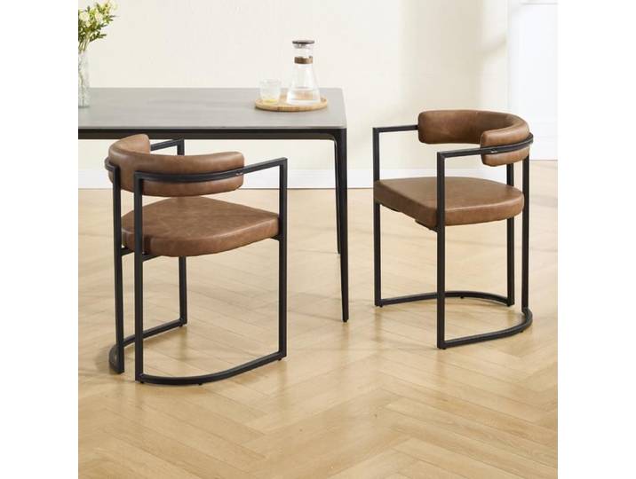 Wahson Chaise Salle à Manger Lot de 2 Fauteuil de Salle a Manger Stylé avec Pied Métal Chaise de Cuisine Moderne Cuir PU Marron