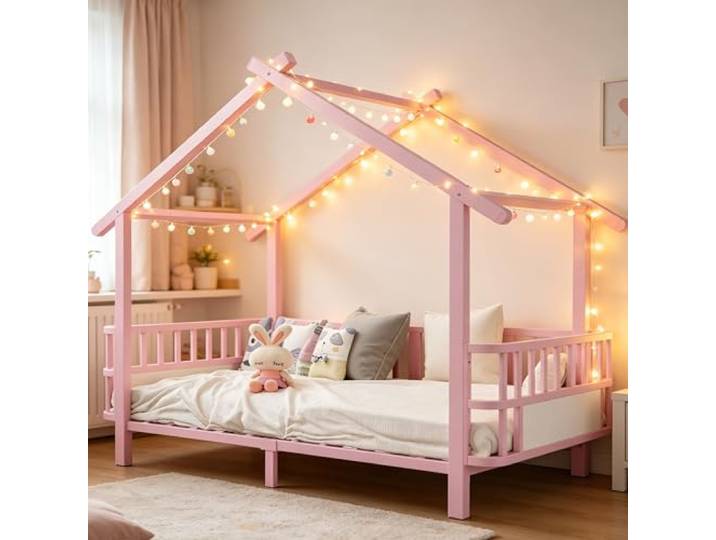Merax Kinderbett aus Metall in Hausform 90x200 cm mit Sicherheitsgitter & Dachdesign – Rosa (Ohne Matratze)