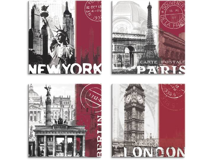Leinwandbild ARTLAND New York Paris Berlin London_bordeauxrot , rot (farbe bild(er): rot), B:30cm H:30cm, Leinwand, MDF, Bilder, Leinwandbild, 4er Set, verschiedene Grössen