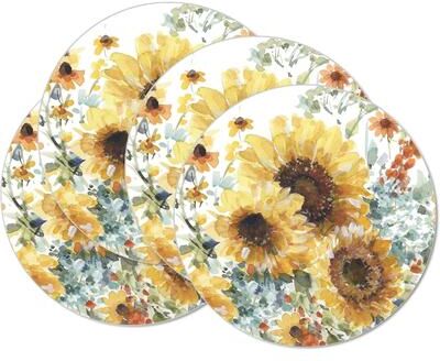 CounterArt Sunflowers Forever Round Reversible Easy Care Flexible Plastic Placemat 4 Pack Made in The USA
