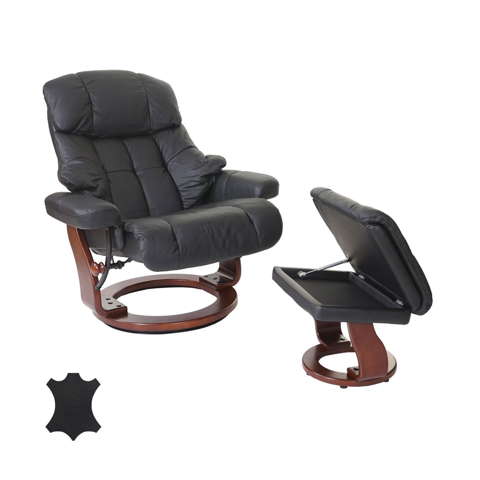 MCA Relaxsessel Windsor XXL, TV-Sessel Hocker, Echtleder 180kg belastbar ~ schwarz, Walnuss-Optik