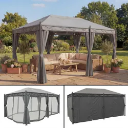 Pergola Cadiz, Pavillon, stabiles 7cm-Gestell 5x3m ~ grau mit Seitenwand + Moskitonetz