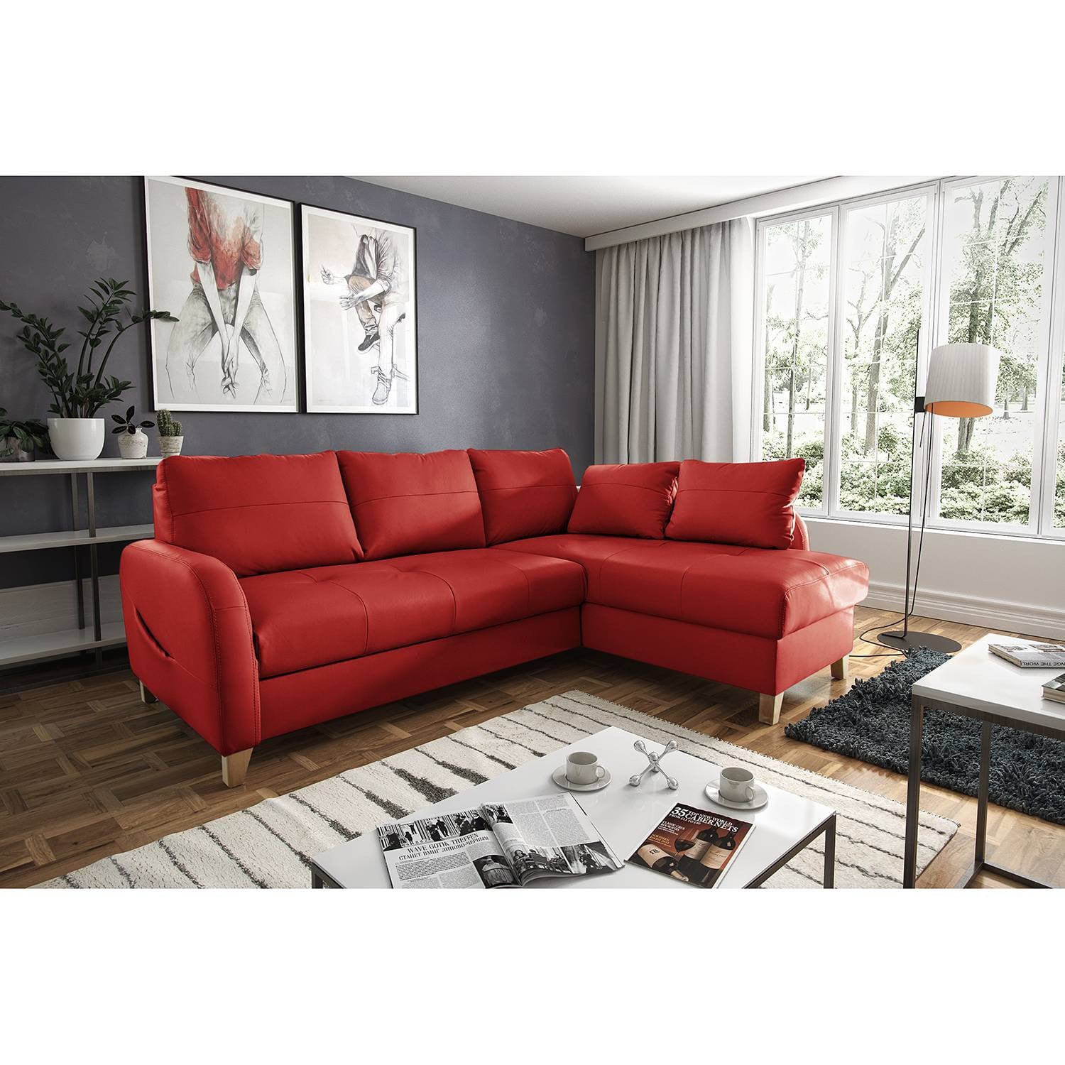 home24 Hoekbank Monserrat Rood, Moderne L-vormige Bank met Chaise Longue Rechts, Kunstleer en Echt Leer, B/D/H: 227 x 82 x 170 cm