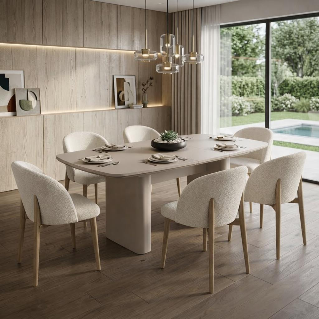 JVmoebel Moderne witte eethoekset met rechthoekige eettafel en stoelen